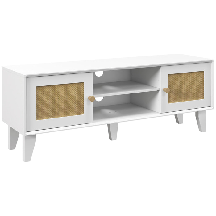 Mueble de TV Mueble de Salón para Televisores de hasta 55 Pulgadas con 2 Puertas de Ratán y Estante Ajustable para Dormitorio 120x35x46 cm Blanco