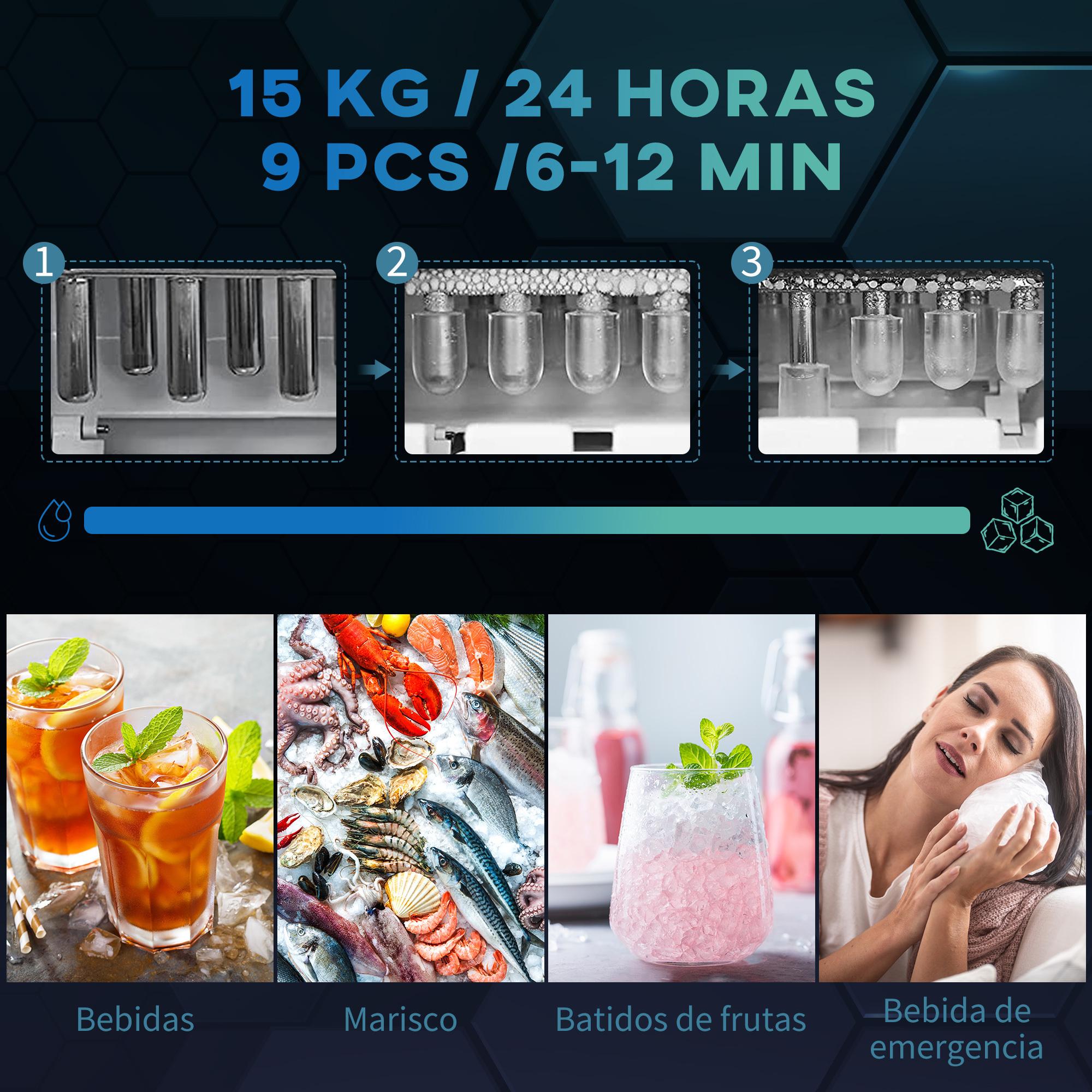 Máquina para Hacer Hielo Máquina de Hielo Doméstico Cubitos de Hielo en 6-12 Minutos Capacidad 15 kg en 24h 2 Tamaños de Cubitos Tanque de Agua 2,1 L 25,2x37,5x31,2 cm Negro