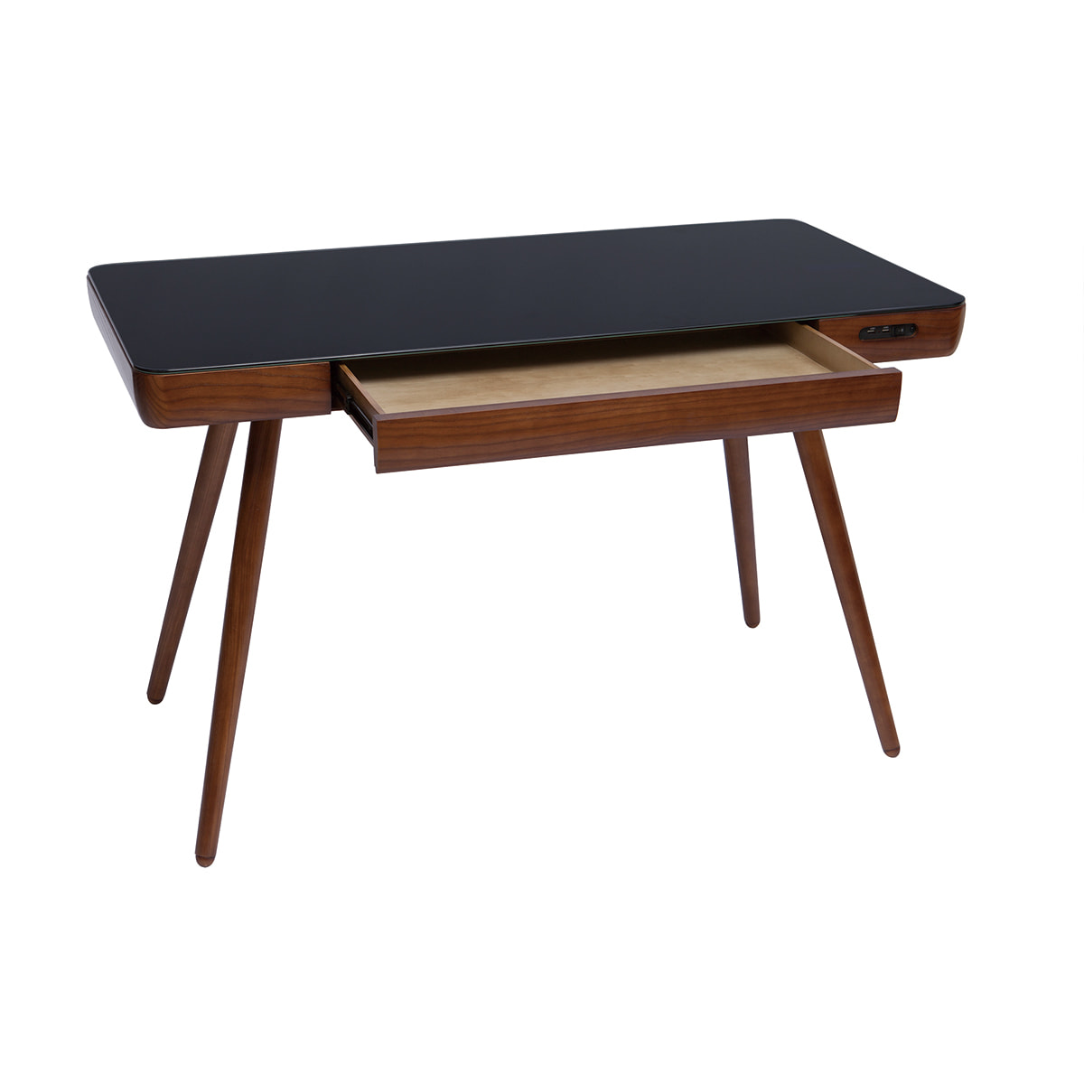 Bureau connecté multimédia avec tiroir en verre noir et bois foncé noyer L120 cm CLEVER