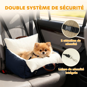 Siège auto sac de transport chien 2 en 1 - réglable - coussin déhoussable - coton bleu écru