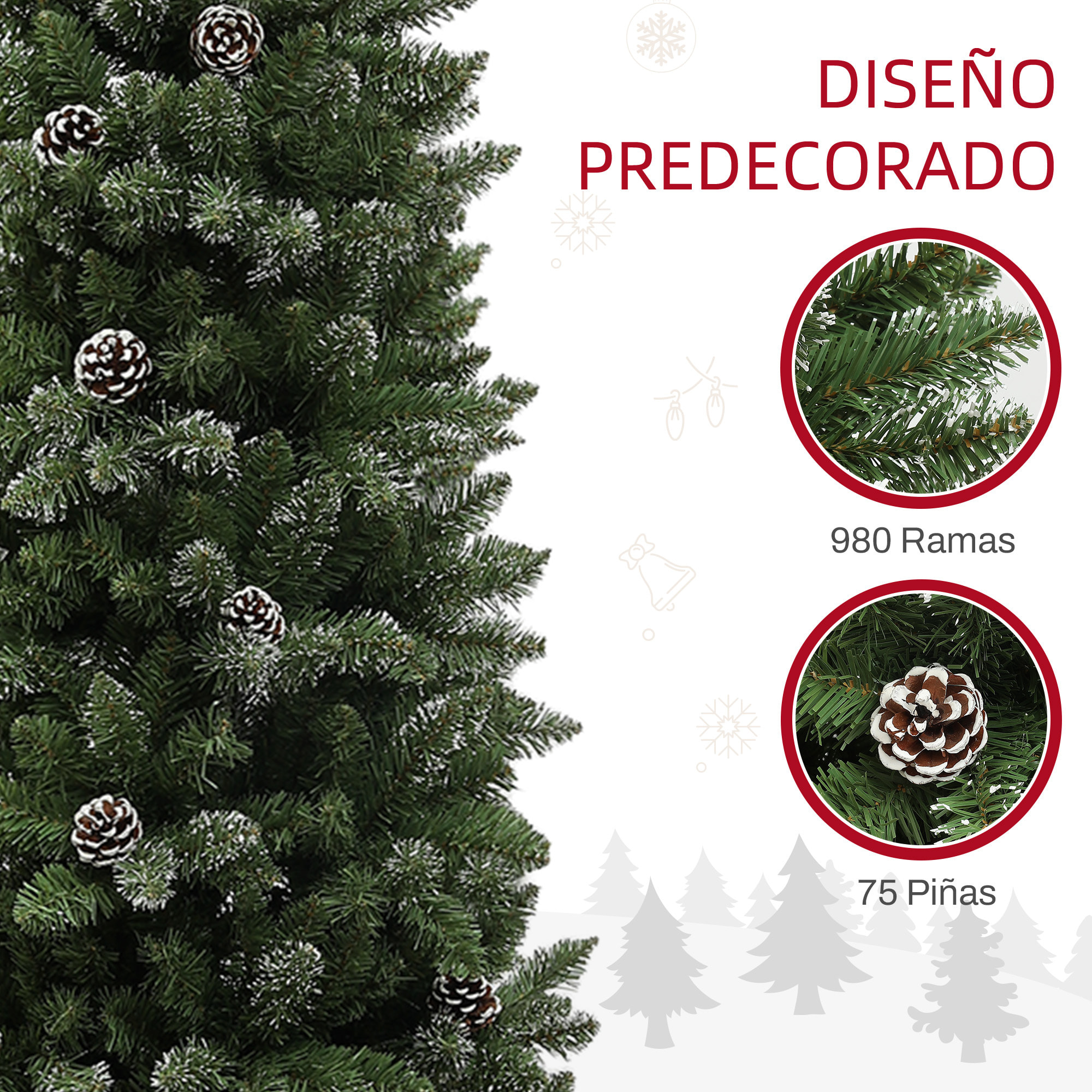 Árbol de Navidad 225 cm Árbol de Navidad Artificial con 980 Ramas 75 Piñas y Soporte de Metal Árbol Navideño para Salón Interior Verde