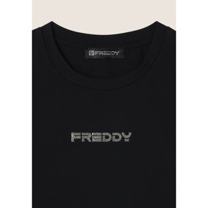 Body senza maniche in jersey stretch con logo strass