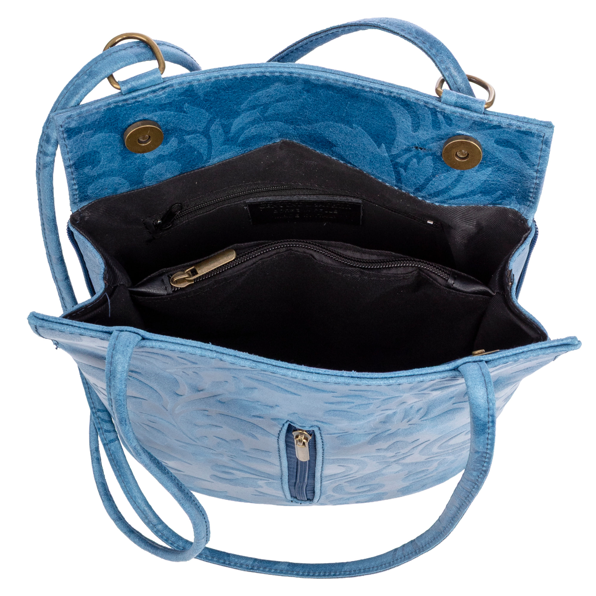 Archi borsa a spalla donna. Pelle autentica finitura scamosciata incisa fiori.