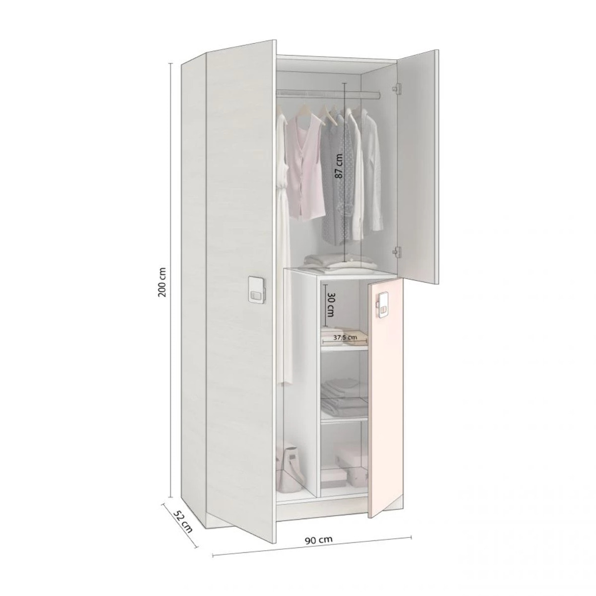 Armario juvenil Kenia Blanco Alpes - Rosa y Gris