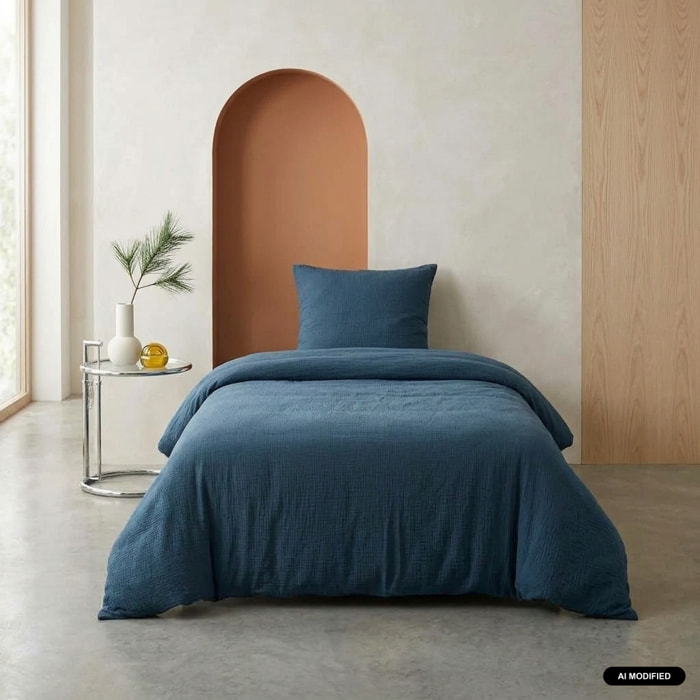 Parure de lit gaze de coton bleu foncé ALIX