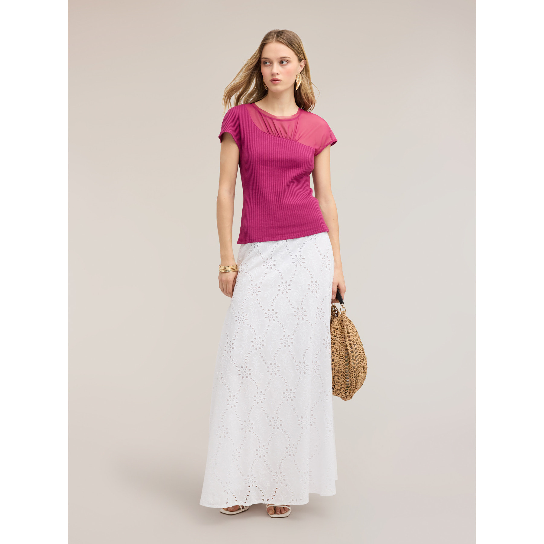 Motivi - Camiseta bimatérica con detalle drapeado - Fuchsia