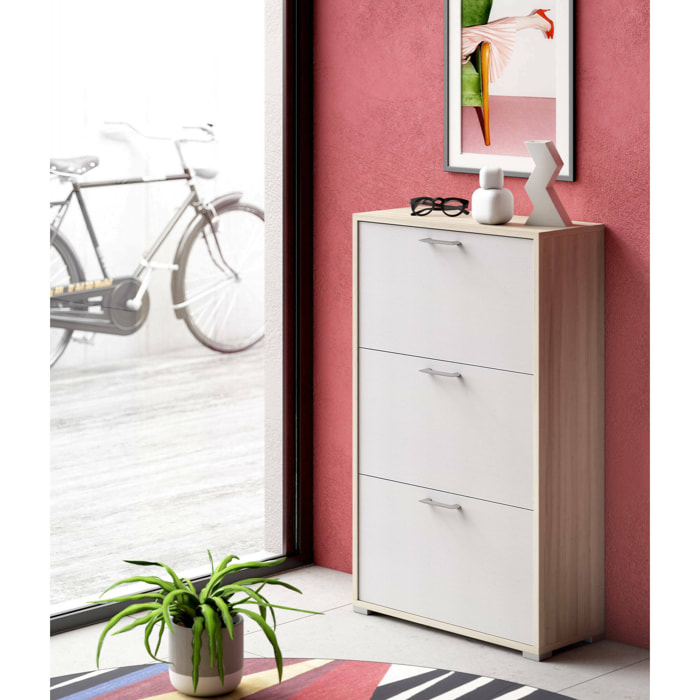 Scarpiera Peonia, Mobile multiuso da ingresso con 3 ante a ribalta, Armadietto portascarpe a doppia profondità, 100% Made in Italy, Cm 67x28h112, Bianco e Olmo