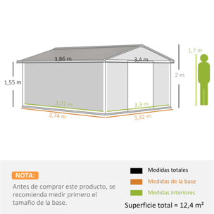 Caseta de Jardín Exterior, 12,4 m² 340x386x200 cm, Cobertizo de Jardín Exterior Metálico con Puerta Corredera, Base Refuerzo (Suelo NO Incluido) y Ventanas Blanco