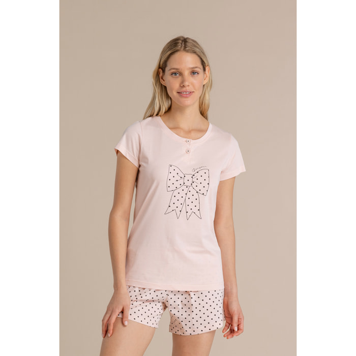 Pigiama donna in cotone top manica corta con collo due bottoni e pantalone corto articolo pois Noidinotte