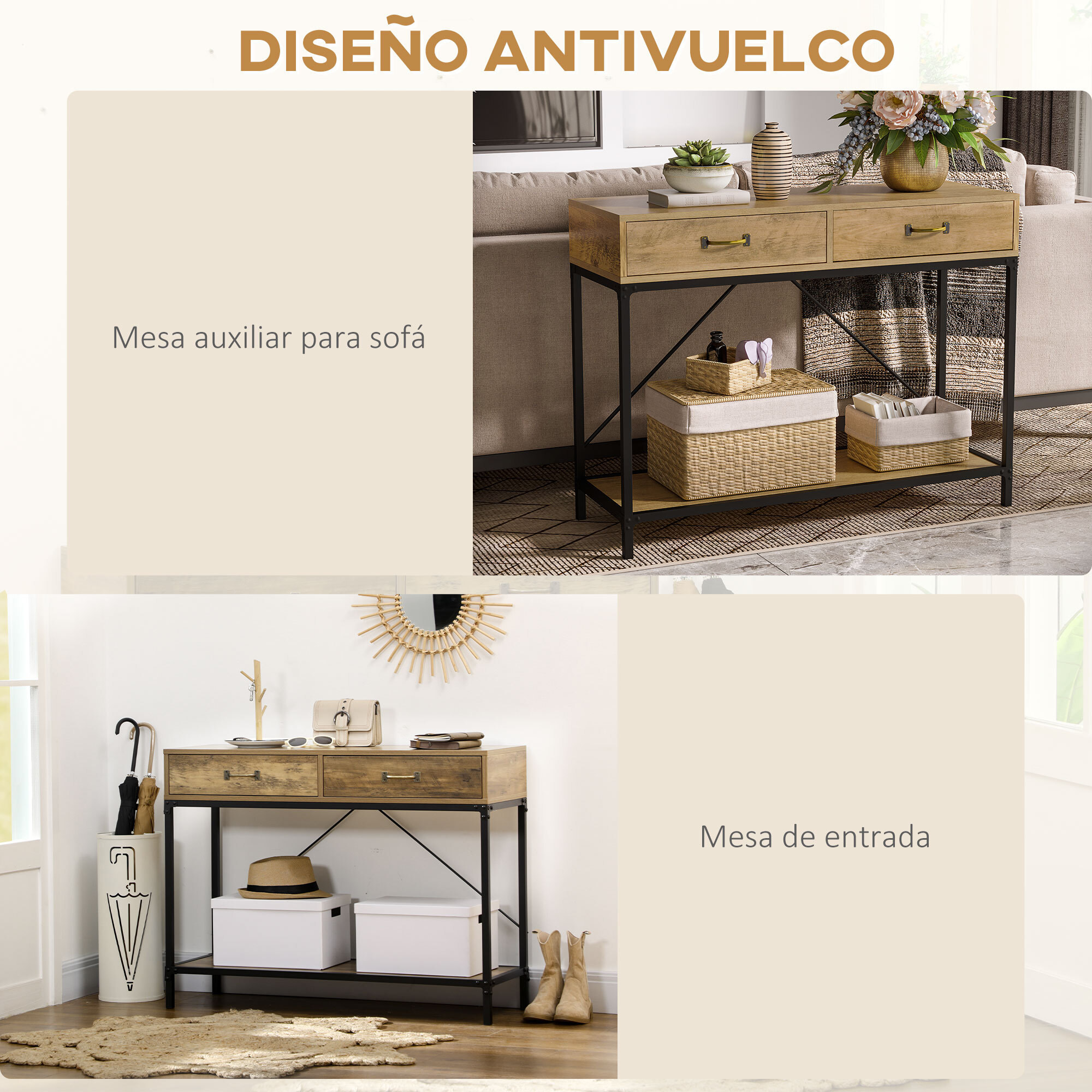 Mesa de Consola Industrial, Mesa de Sofá con 2 Cajones y Estante, Consola para Recibidor con Patas de Metal, para Salón, Pasillo, Entrada, Marrón y Negro
