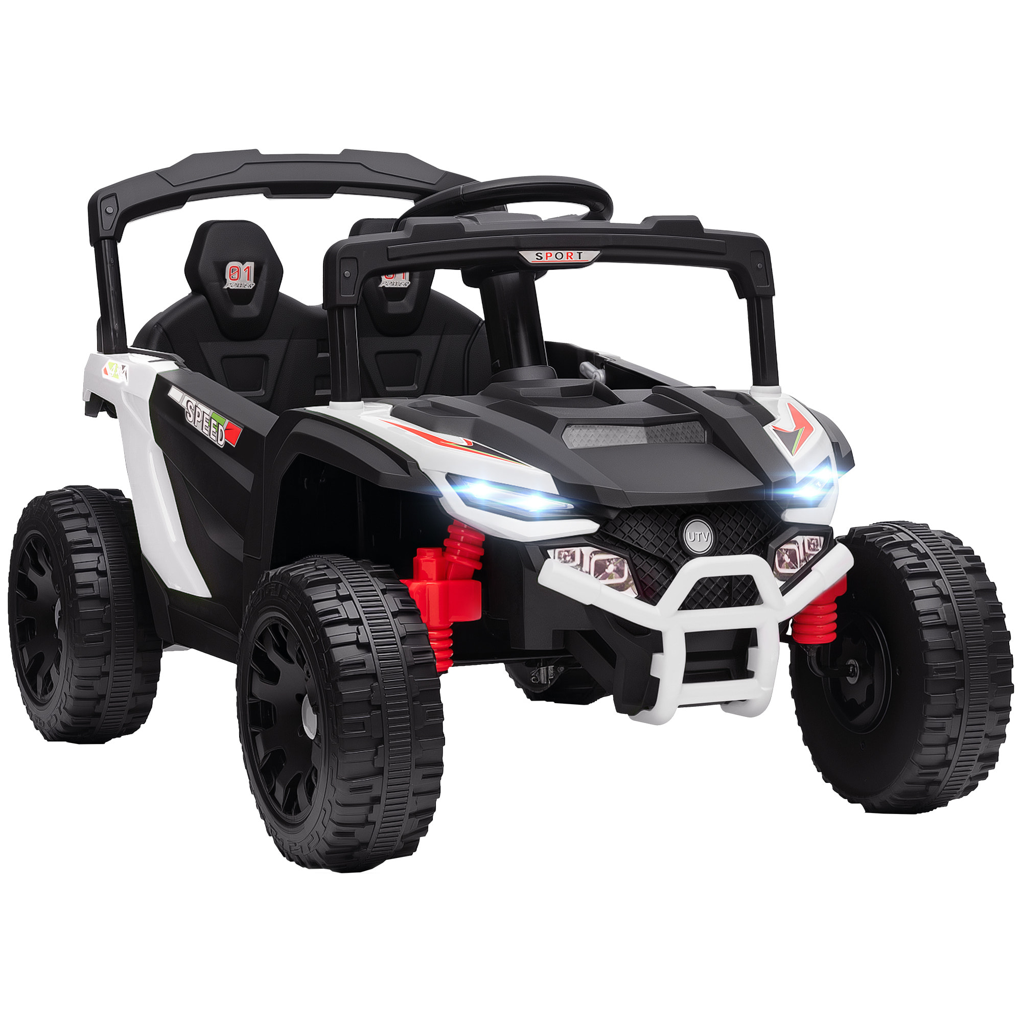 Coche Eléctrico para Niños 12V, Coche de Batería UTV con 2 Motores, Control Remoto 2,4G, 3-5 km/h, Suspensión Trasera, Faros, Música, para Niños de 3-5 Años, Blanco