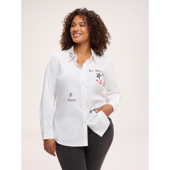 Fiorella Rubino - Camicia con ststampa e ricami in popeline di cotone - Bianco
