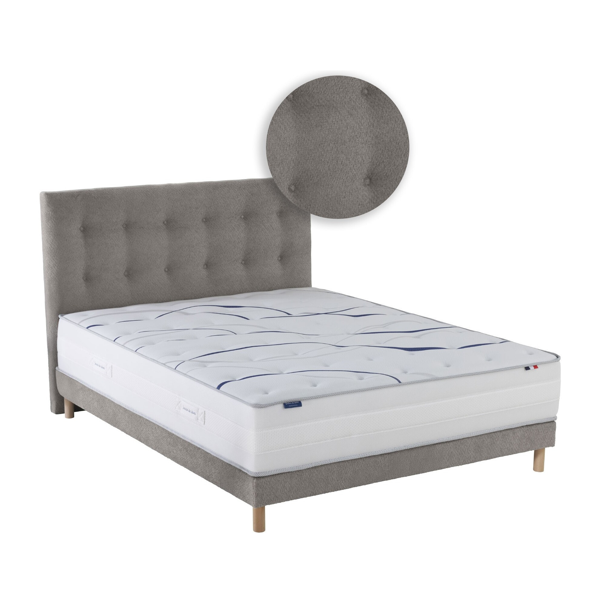 Ensemble matelas mémoire de forme MEMORIA avec sommier et tête de lit, chenille bouclettes gris clair