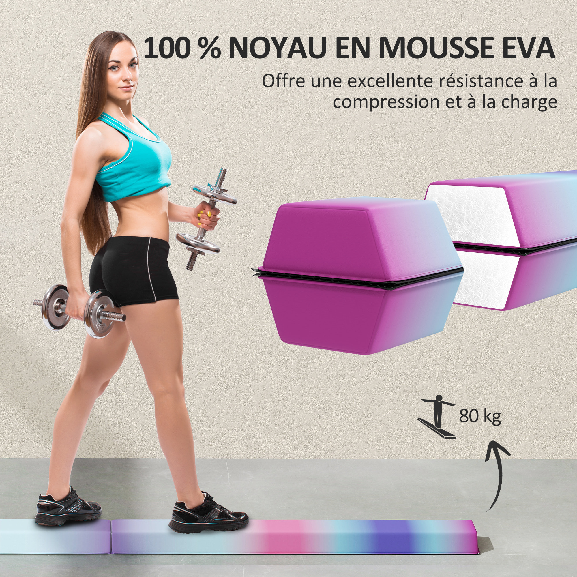 Poutre gymnastique pliable 236 cm - poutre d'équilibre antidérapante - revêtement PVC multicolore