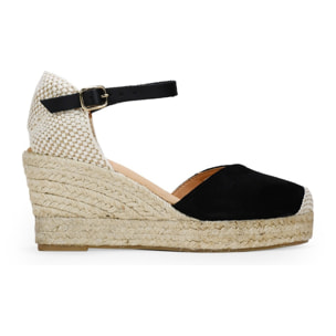 Alpargatas de piel negras con cuña de esparto