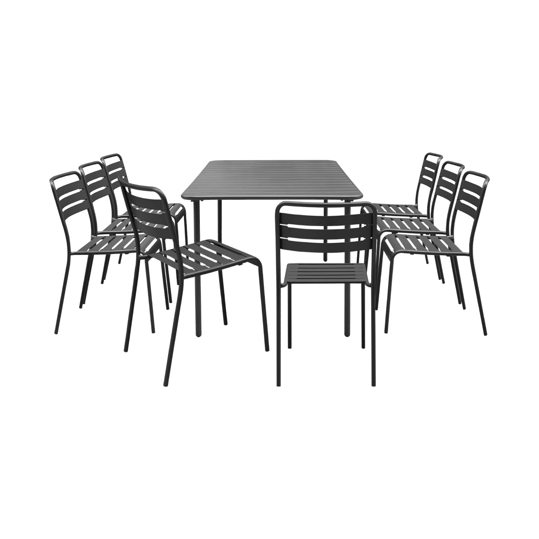 Table de jardin métal + 8 assises anthracite traitement antirouille. lattes et bords arrondis