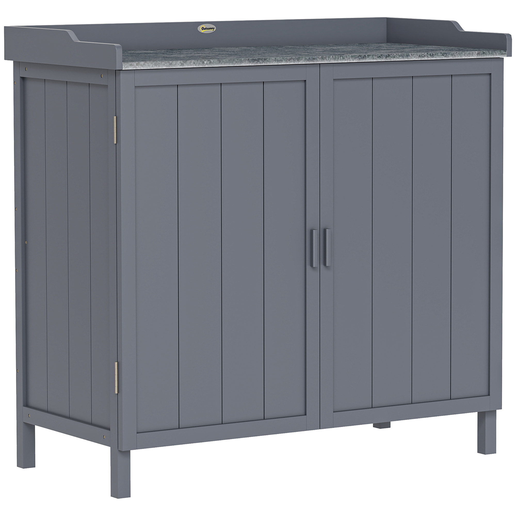 Armoire de rangement de jardin sur pied, table de rempotage 2 en 1 double porte, étagère, plateau métal galvanisé - bois sapin gris