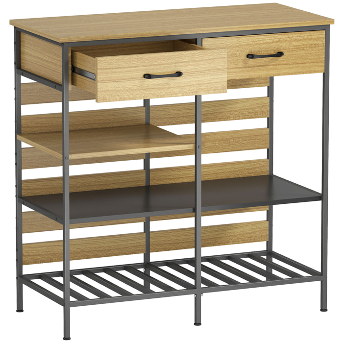 Rangement cuisine design industriel - 2 tiroirs, 3 étagères - dim. 90 x 40 x 91 cm - acier noir effet bois