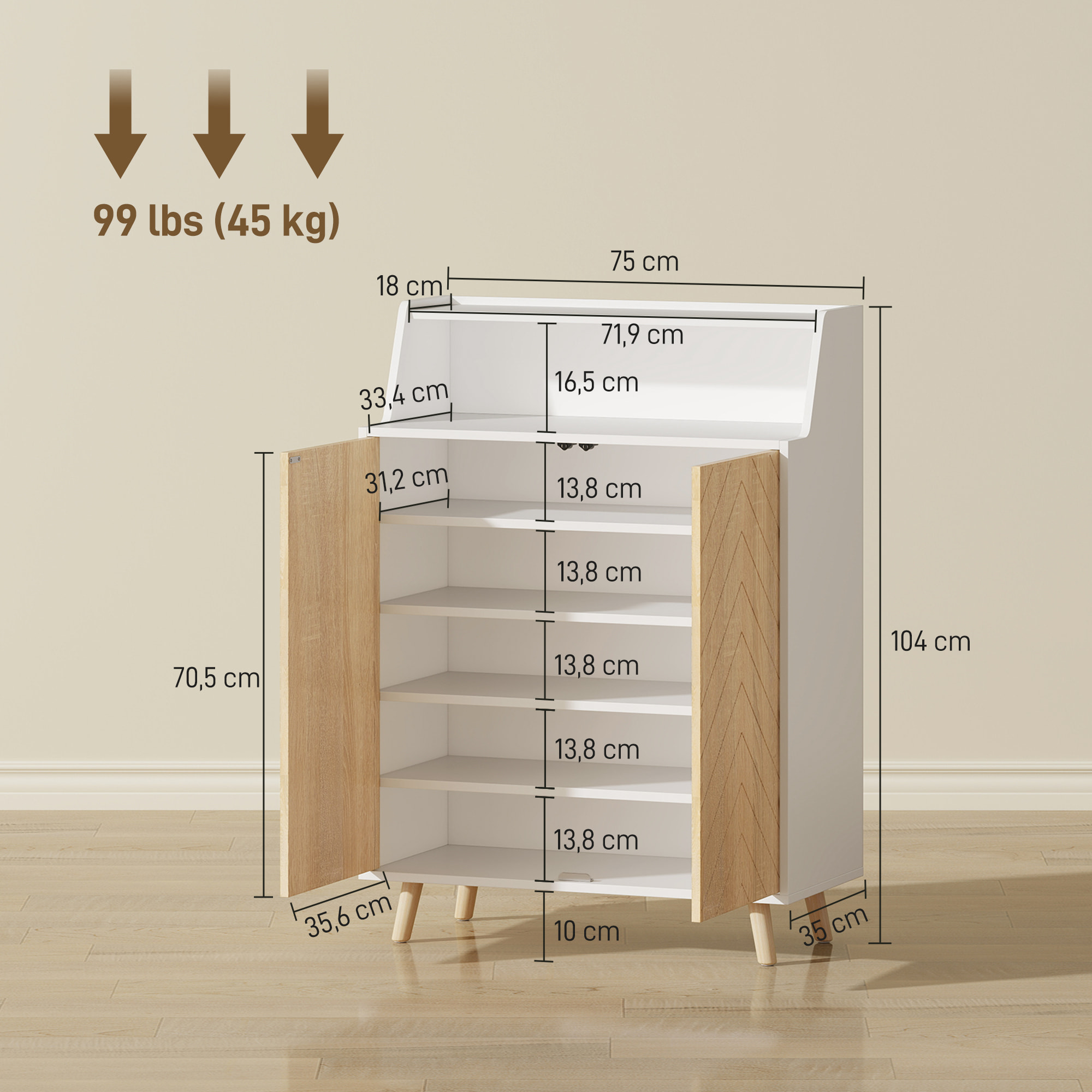 Zapatero de 2 Puertas en Espiga, Zapatero Entrada Recibidor con Estantes Ajustables, Compartimento Abierto y Patas de Madera, para 15 Pares de Zapatos, 75x35x104 cm, Blanco y Natural