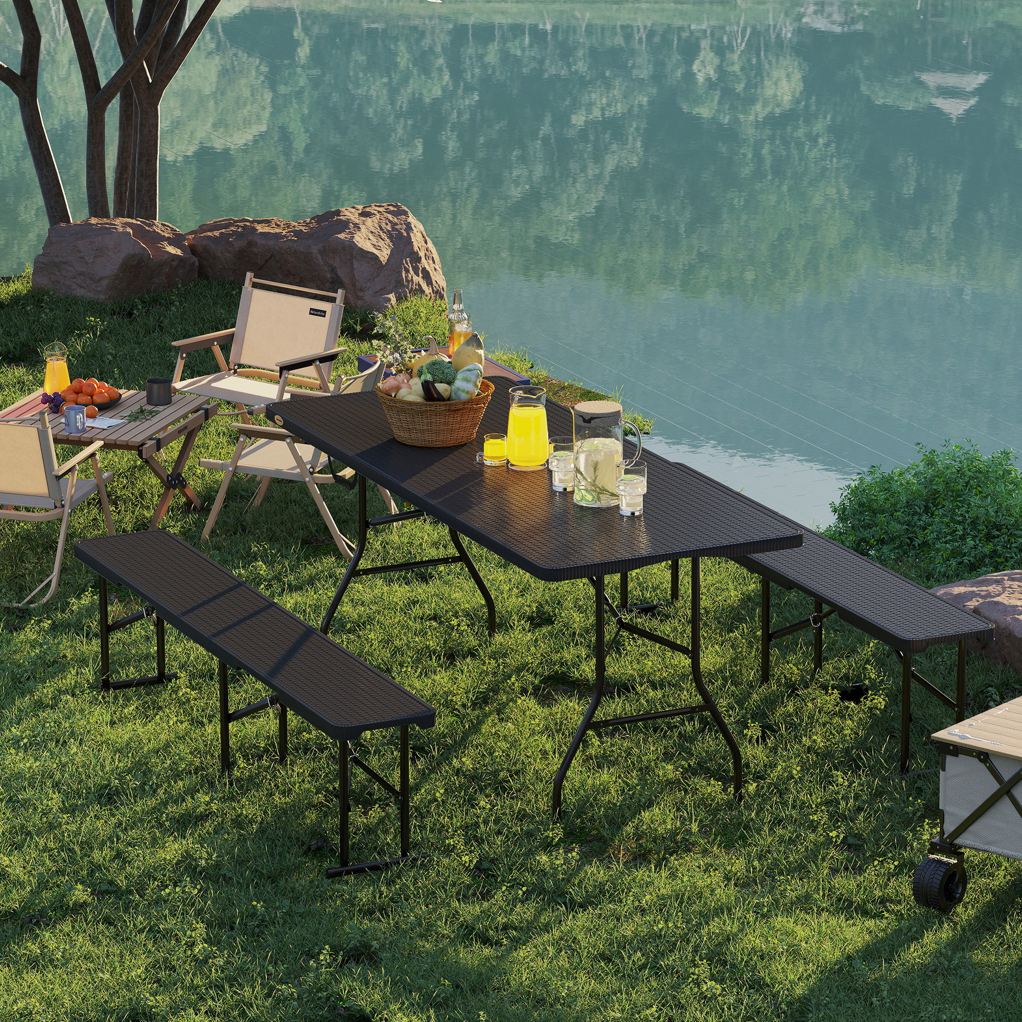 Ensemble table 2 bancs pliables avec poignées - usage pique-nique camping - métal époxy HDPE effet rotin noir