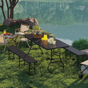 Ensemble table 2 bancs pliables avec poignées - usage pique-nique camping - métal époxy HDPE effet rotin noir