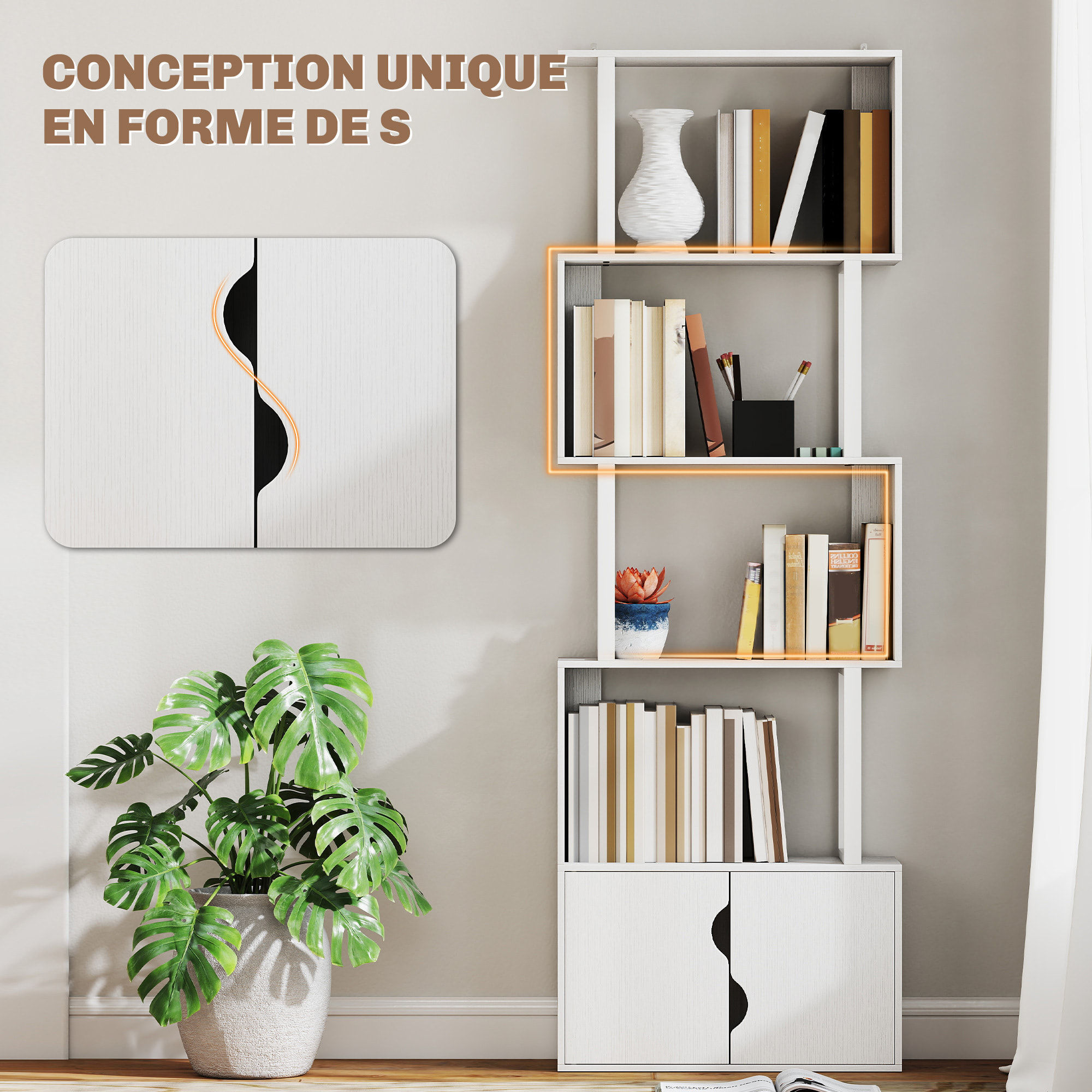 Bibliothèque design zig zag - 4 étagères, 2 portes - effet bois acier blanc