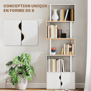 Bibliothèque design zig zag - 4 étagères, 2 portes - effet bois acier blanc