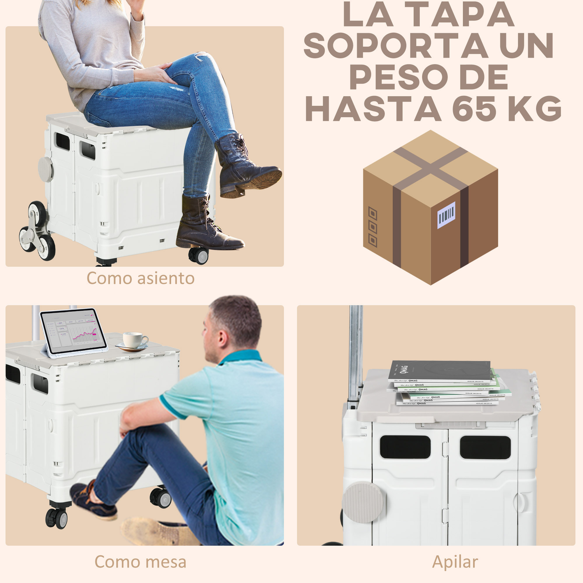 Carrito de la Compra Plegable Carrito para Supermercado con 2 Ruedas Longitud de Mango Ajustable Capacidad 35 Litros para Oficina Escuela Hogar 48x43x95 cm Blanco