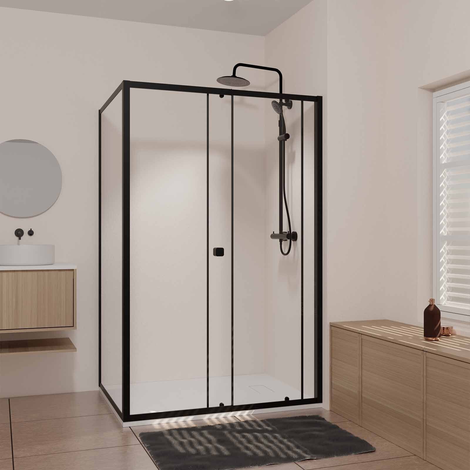 Porte de Douche Coulissante Extensible 100x185cm et Retour Fixe 90cm - Noir - BLACK SLIDE