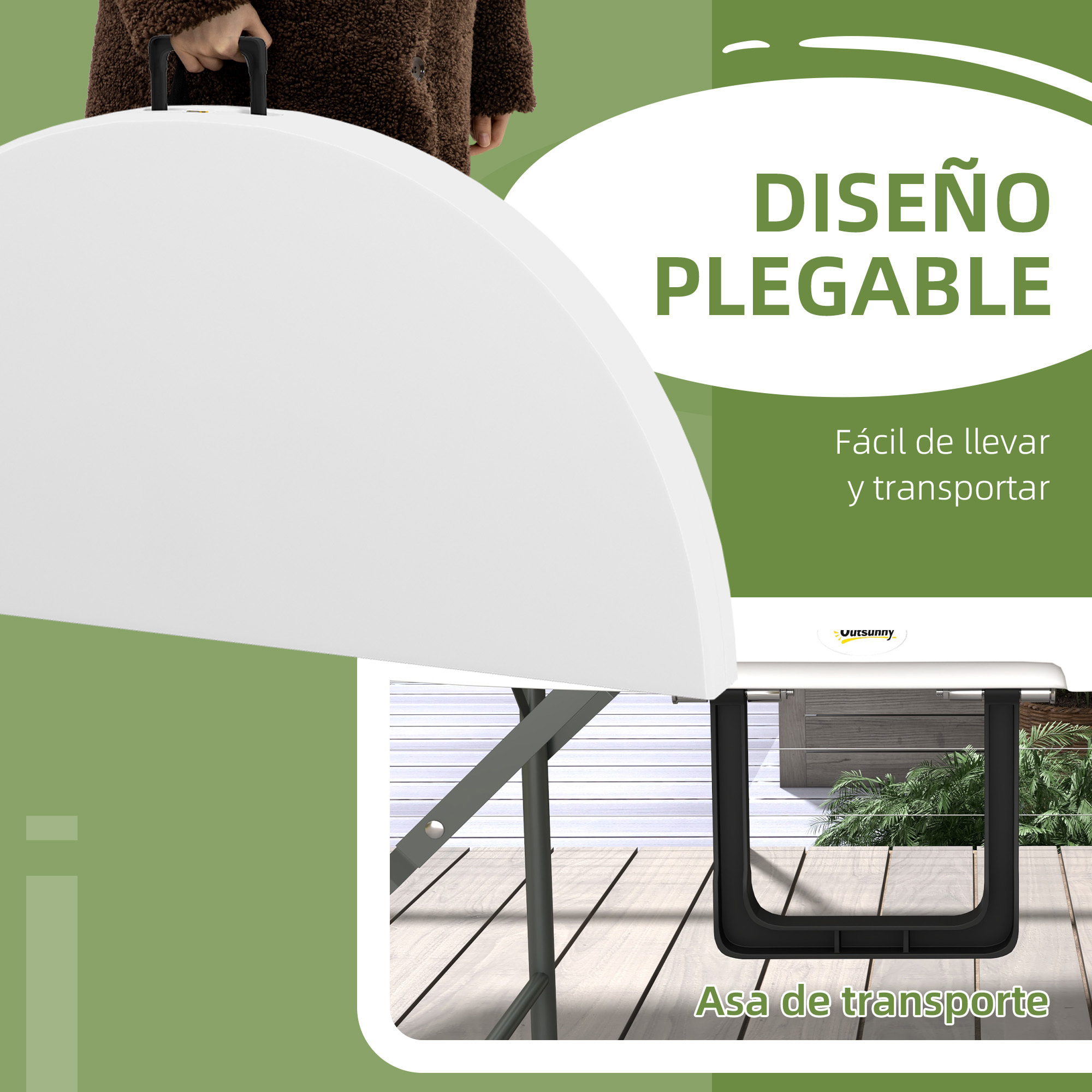 Mesa Auxiliar Redonda Mesa de Jardín Plegable con Marco de Acero y Encimera de HDPE Carga 80 kg para Interior y Exterior Ø122x73 cm Blanco