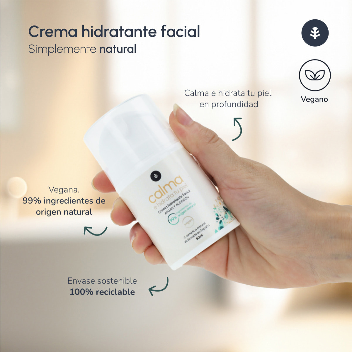 PLANETA HUERTO | Crema Hidratante Facial con Argán y Algodón 50 ml - Cuidado Antiedad y Elasticidad Natural
