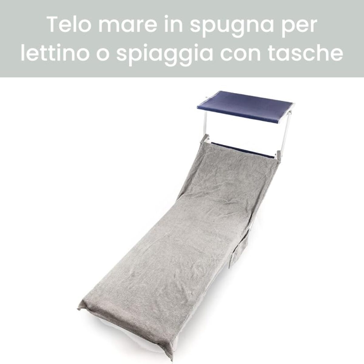 INTRECCI Telo Mare in Spugna, Asciugamano da Spiaggia Grande, 75x190 cm, Telo Mare Lettino con Tasche Portaoggetti e Bottoni, 100% Cotone, Morbido, Assorbente, Asciuga Rapidamente, Colore: Grigio