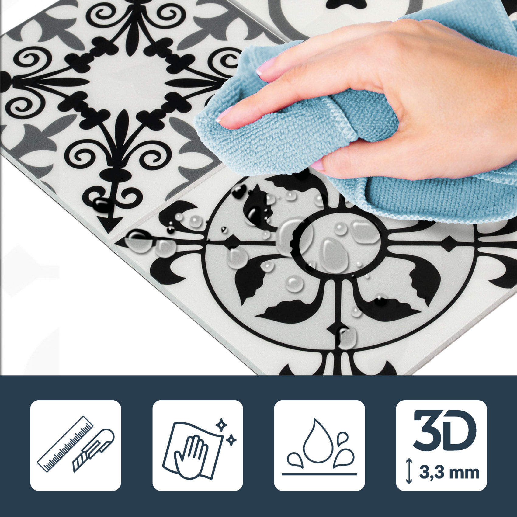 Crédence adhésive murale 3D motifs carreaux de ciment 4 pièces - Blanc
