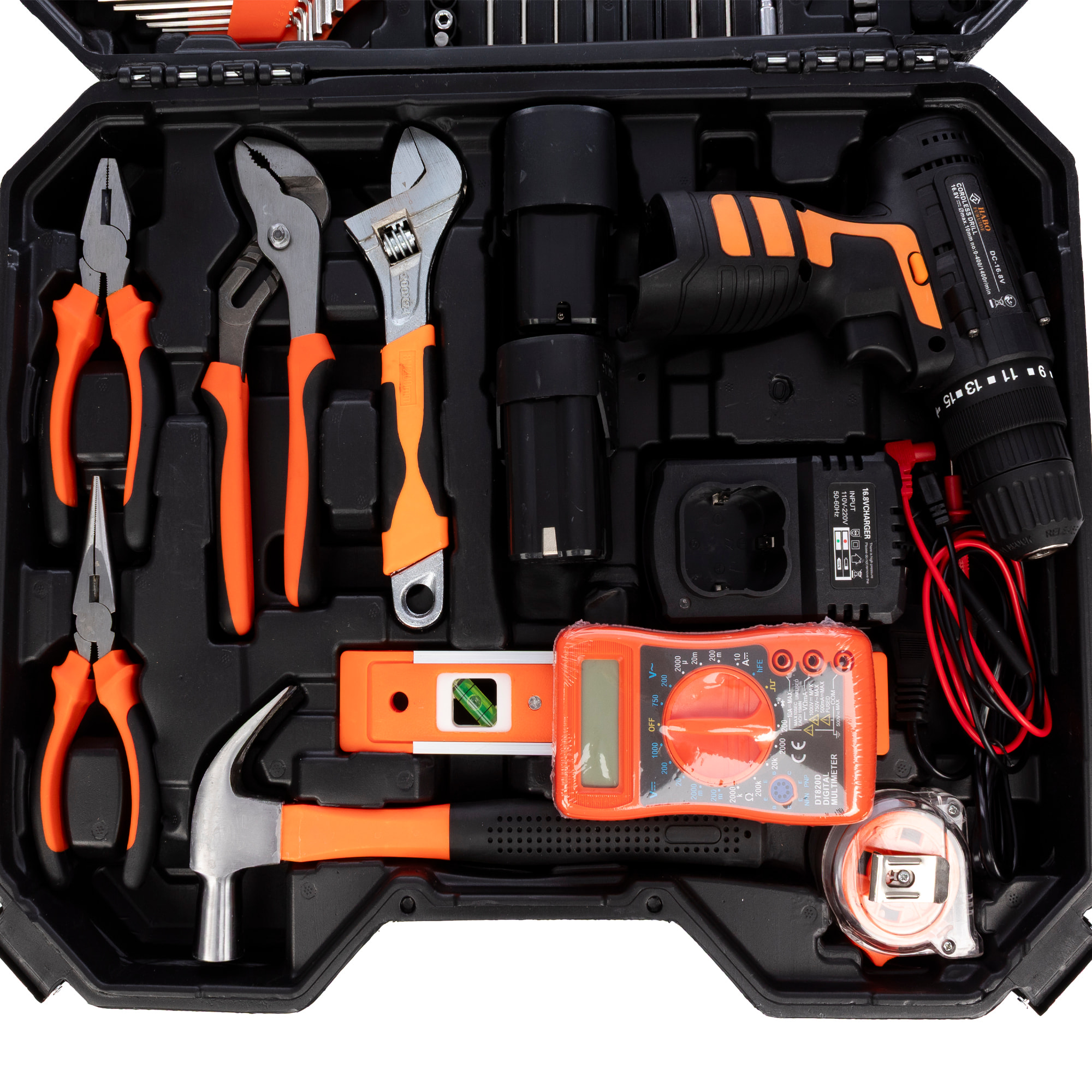 Set di attrezzi con valigetta, trapano elettrico a doppia velocità, 16.8 V 1300mAh e 120 pezzi.