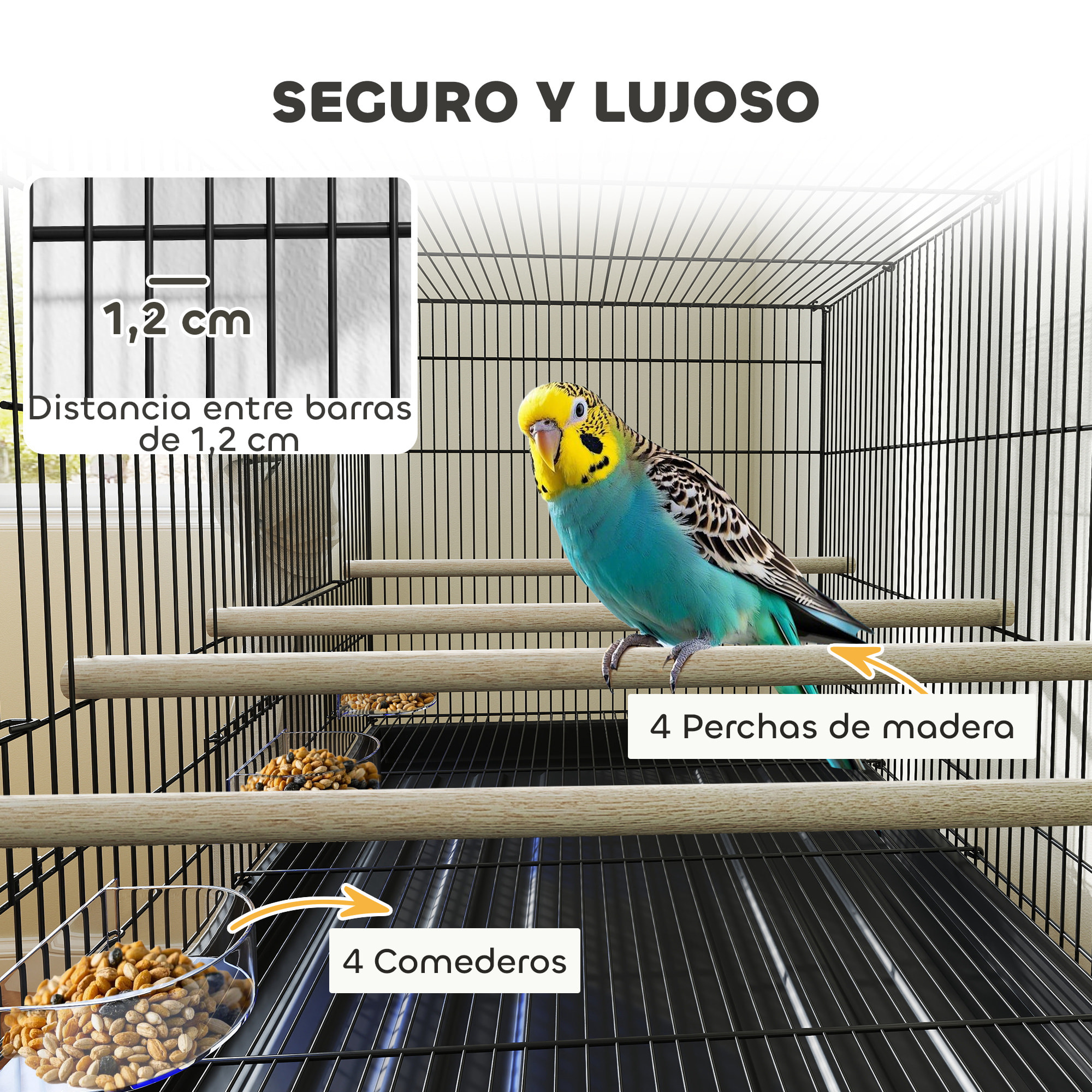 Jaula para Pájaros con Divisor Jaula con Ruedas para Mascota Aves Loros Canarios Pajarera con Comederos Perchas y Bandeja Extraíble 76x46x116 cm Negro