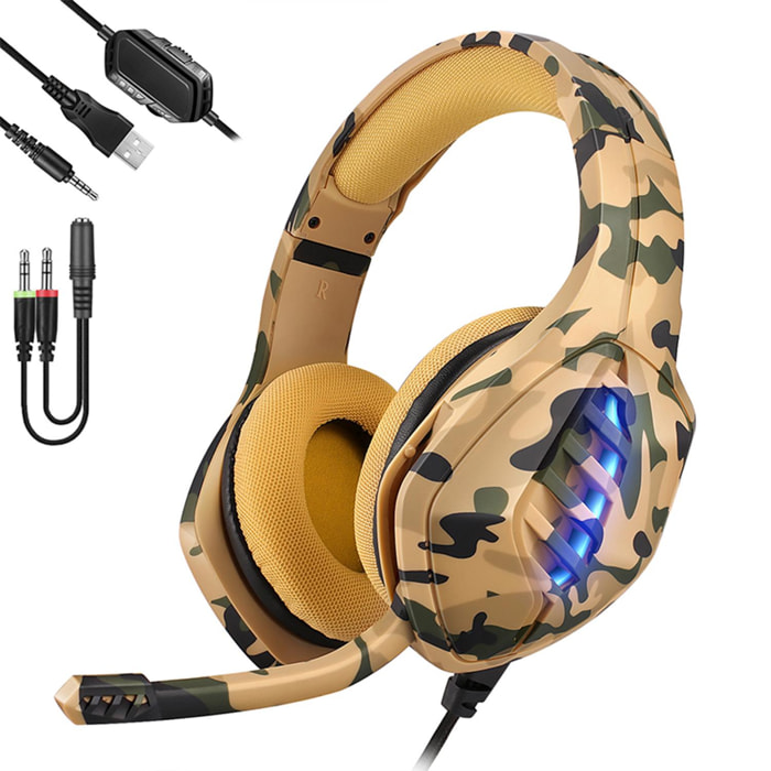 Headset J1 Ultra-Flexible Premium con 15 full led RB. Auriculares gaming con micro, conexión minijack para PC, portátil, PS4, Xbox One, móvil, tablet. Cancelación de micrófono.