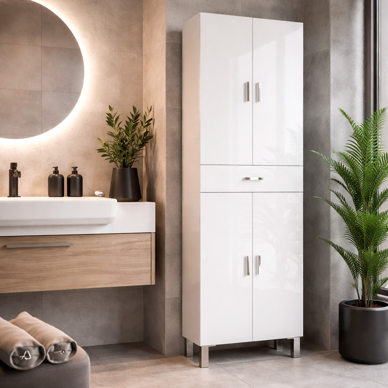 Colonna Bagno Con 4 Ante 4 Ripiani E Cassetto Mobile Alto Moderno Salvaspazio Con Mensole Regolabili Bagno Lavanderia 182 x 60 x 29 Cm Colore Bianco