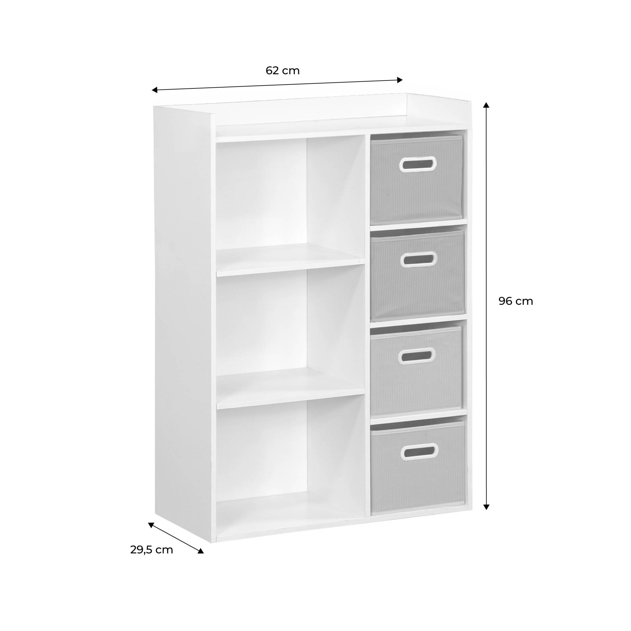 Meuble de rangement pour enfant avec 7 compartiments. 2 paniers verts et 2 paniers gris en velours