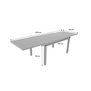 Table de jardin ELORA extensible aluminium anthracite. 8 places. 135 / 270 x 90 x 75 cm