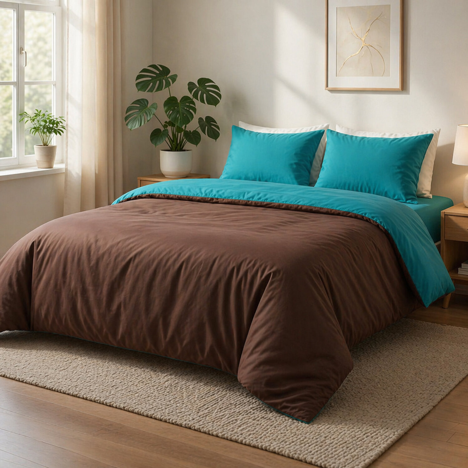 Parure Housse De Couette 3pcs 100% coton 57fils Choco/turquoise