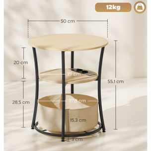 Mesa Auxiliar Redonda de 3 Niveles con Estación de Carga, Mesita Auxiliar Industrial con 2 Estantes Abiertos, Bolsa de Almacenaje, para Salón, Dormitorio, Librería, Ø50x55,1 cm, Madera Natural