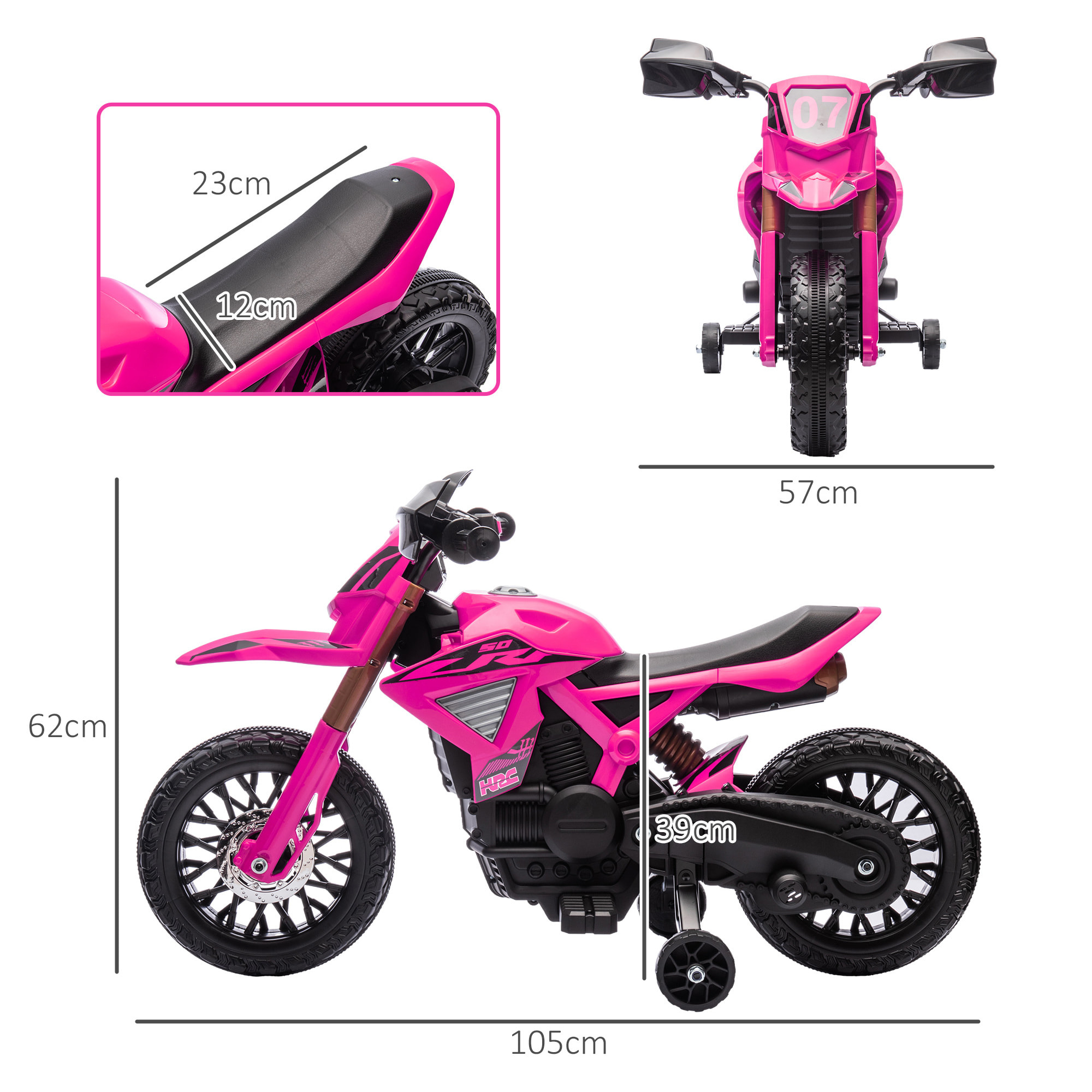 Moto Cross électrique enfant 6 V 2 moteurs effets sonores max. 3 Km/h 30 Kg avec stabilisateurs rose