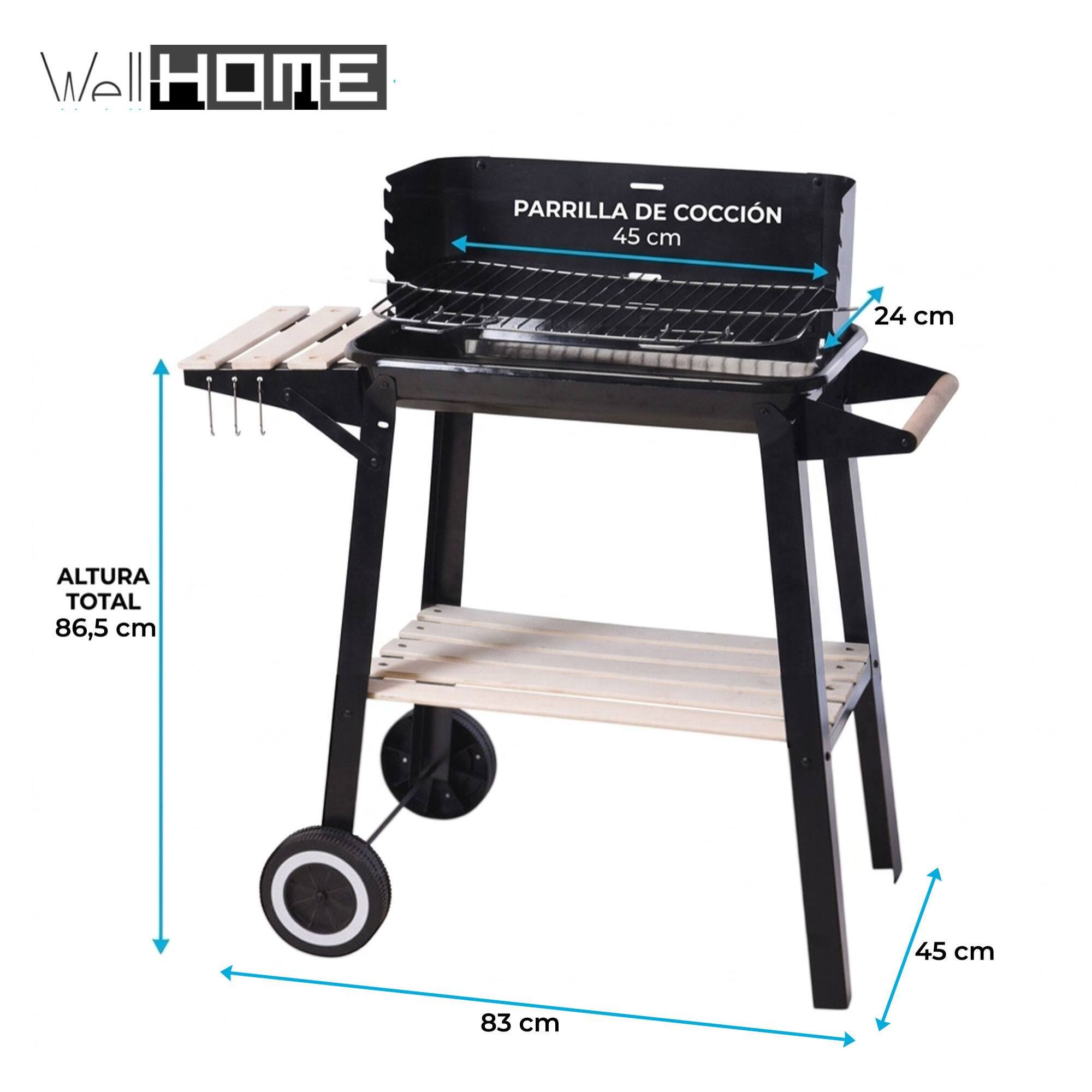 Barbacoa de Carbón Rectangular con Estantes de Madera FSC con Parrilla Cromada 45x24 cm - Barbacoa de Jardín con Cortavientos y Ruedas