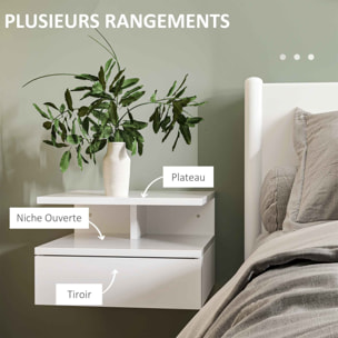Lot de 2 tables de chevet murales - lot de 2 tables de nuit - tiroir coulissant, niche et plateau - blanc