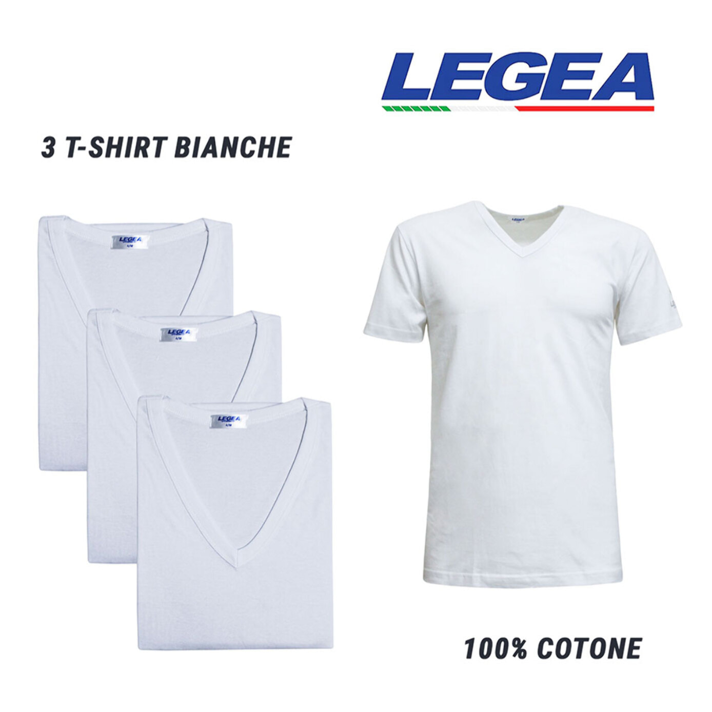 3 T-Shirt Uomo LEGEA Art. 830 Scollo V Bianco