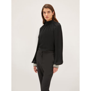 Motivi - Blusa fluida con polsini ricamati con pietre - Nero