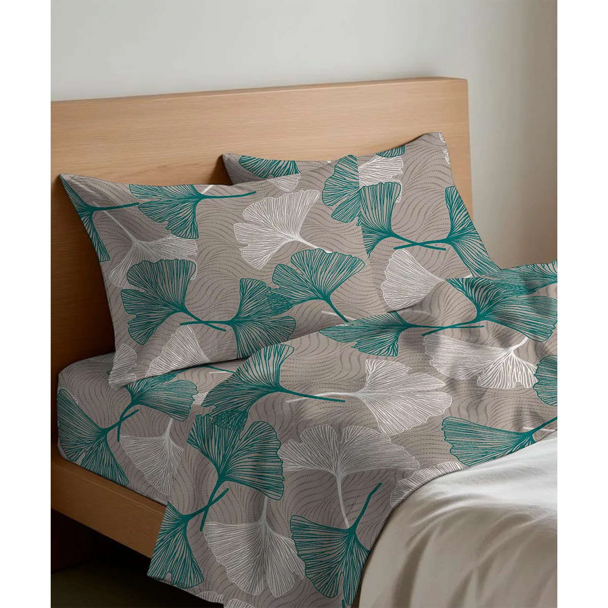Completo Lenzuola GINKO VERDE 100% Flanella e Made in Italy floreale stilizzato