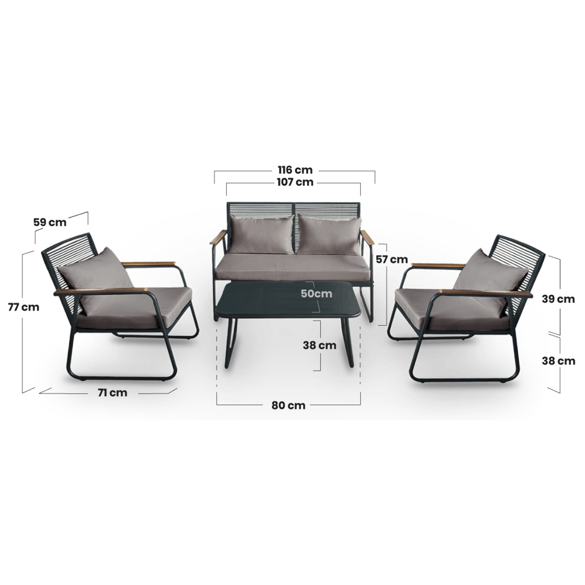 Conjunto de jardín 4 plazas, mesa centro+sofá+sillones de acero gris