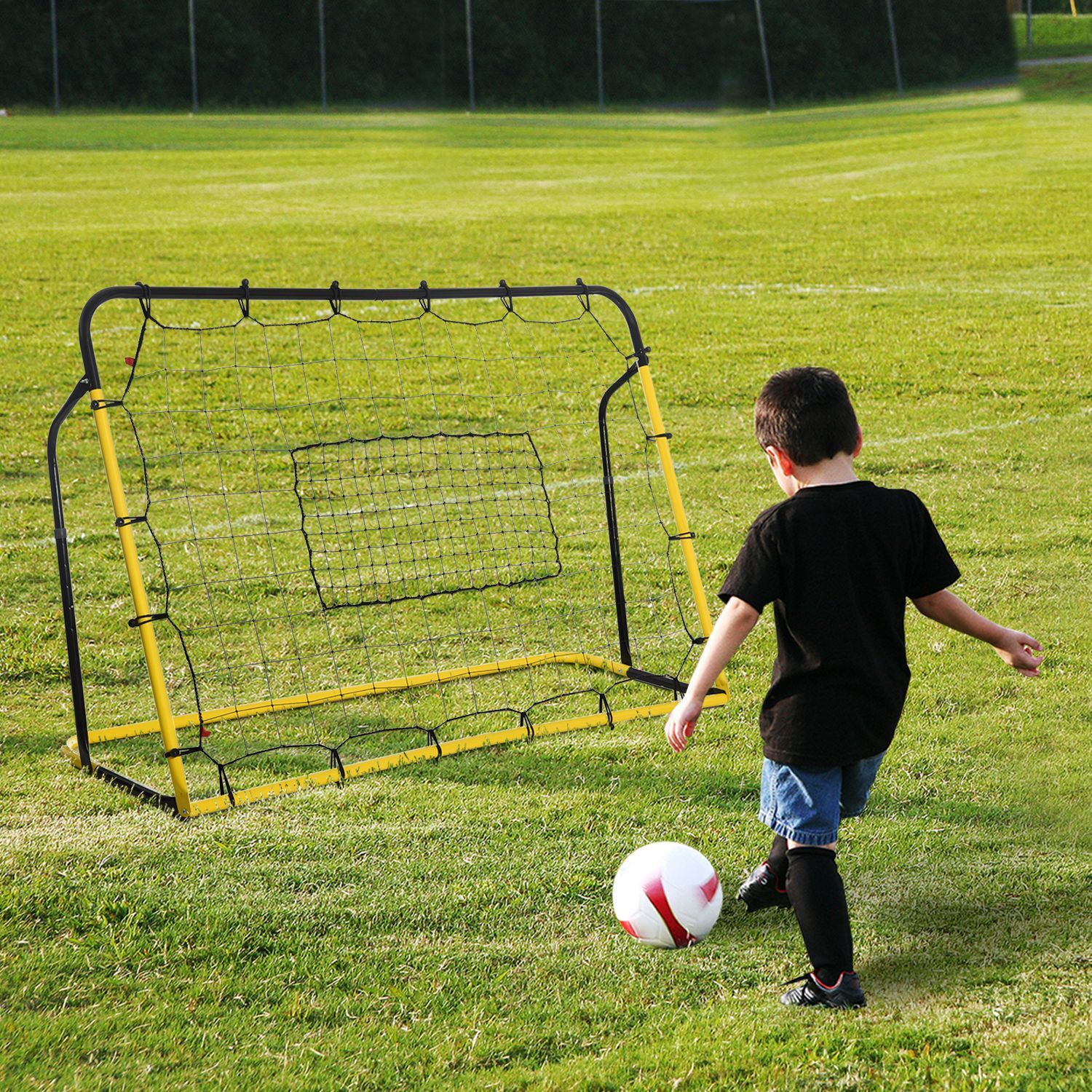 Filet de rebond de football - rebondisseur de football angle réglable - dim. 184L x 123H cm - jaune noir