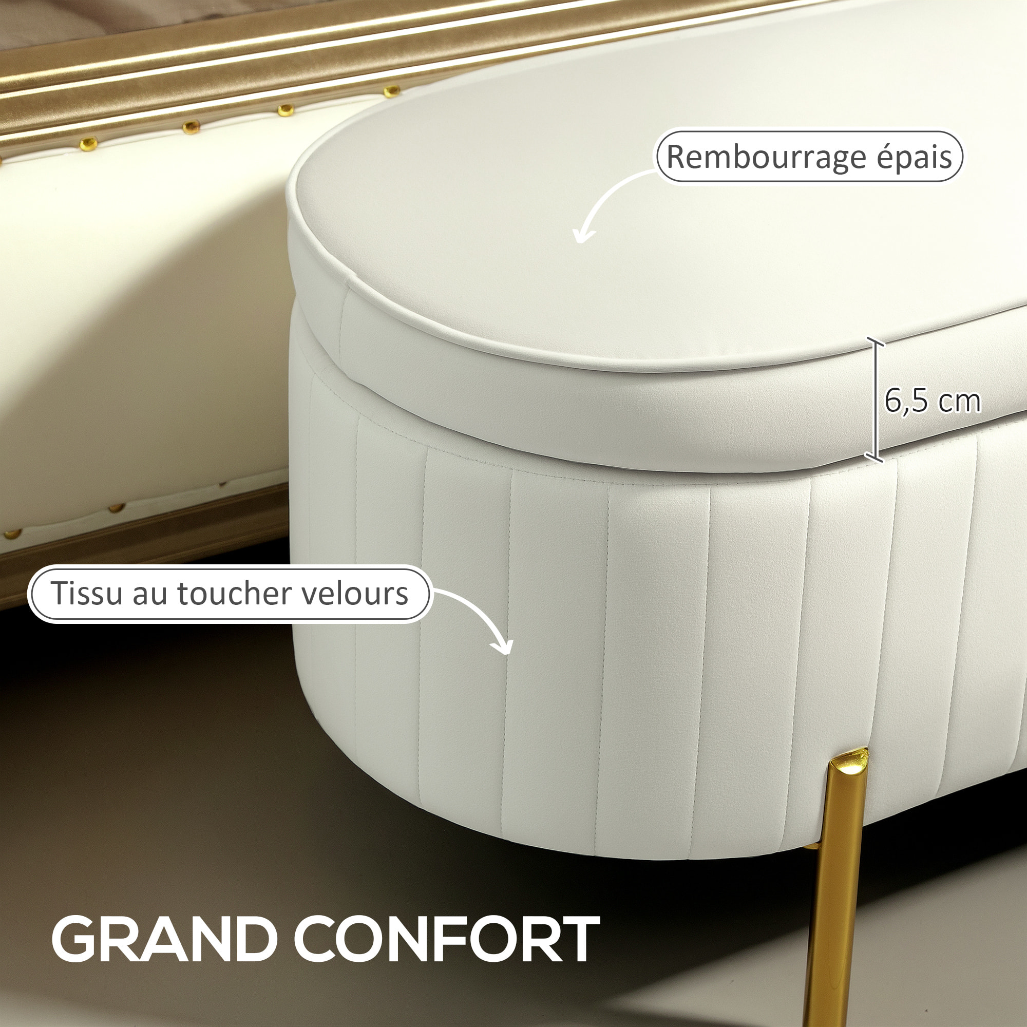 Banquette coffre 2 en 1 design ovale dim. 108x44x43cm velours crème